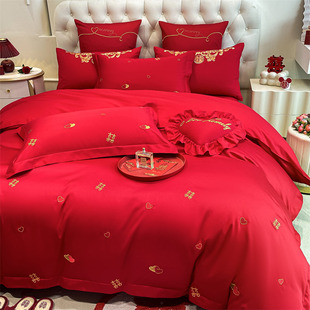 高端上档次中式刺绣婚庆四件套红色床单被套纯棉六件结婚床上用品