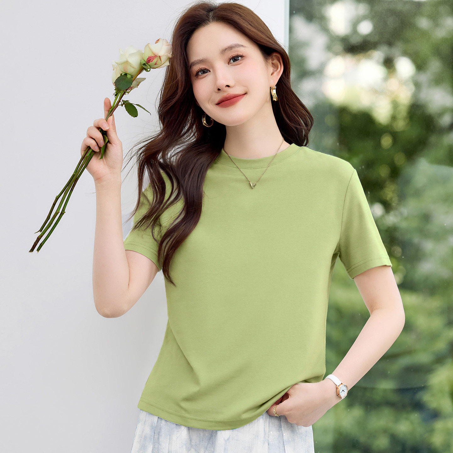 圆领T恤短袖女2026新款夏季正肩气质高级感百搭修身显瘦纯色上衣