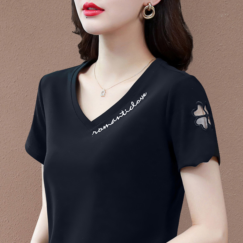 洋气v领黑色短袖t恤女2025新款夏季高端女装上衣修身品牌半袖体恤