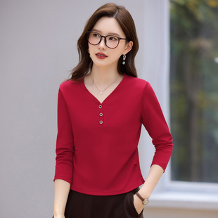 春秋洋气v领长袖t恤女2026新款爆款女装修身短款可外穿打底衫上衣