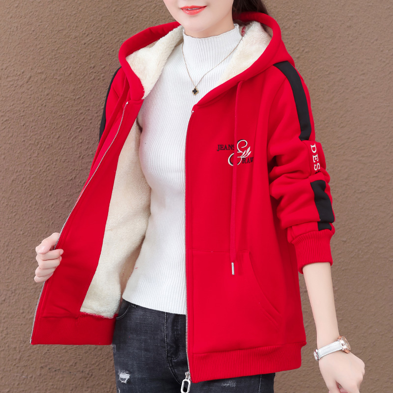 加绒加厚今年流行拉链卫衣女2025年新款秋冬女装开衫连帽红色外套
