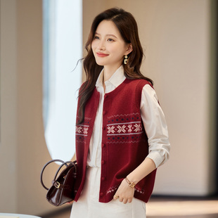 针织开衫毛衣马甲女外套2025新款秋冬洋气外穿可内搭红色上衣马夹