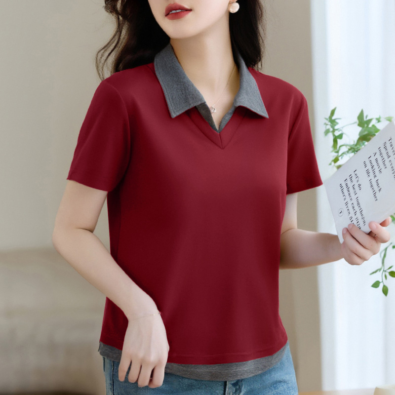 假两件翻领短袖t恤女2025新款夏季爆款洋气减龄上衣正肩半袖体恤