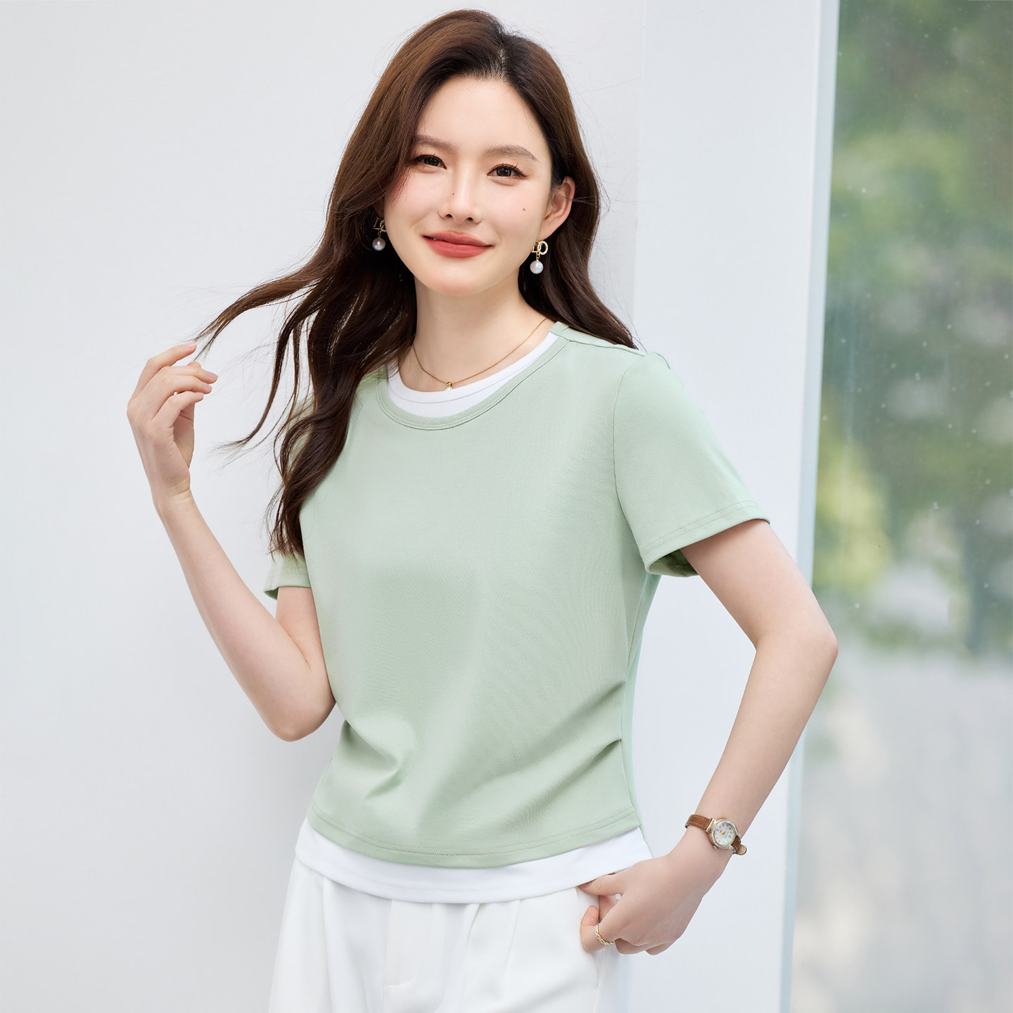 正肩短袖t恤女假两件上衣2026新款夏季时尚洋气女装修身显瘦半袖