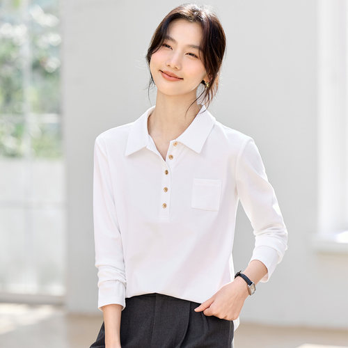 polo领正肩长袖t恤女春秋上衣