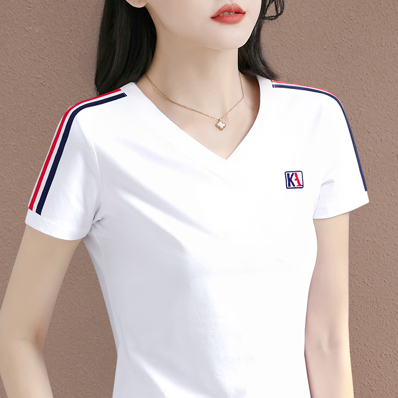 白色薄款短袖t恤女2025年新款夏季爆款女装正肩时尚v领上衣体恤衫