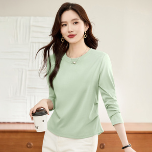 正肩长袖t恤女2026新款春秋洋气女装绿色上衣内搭可外穿薄打底衫