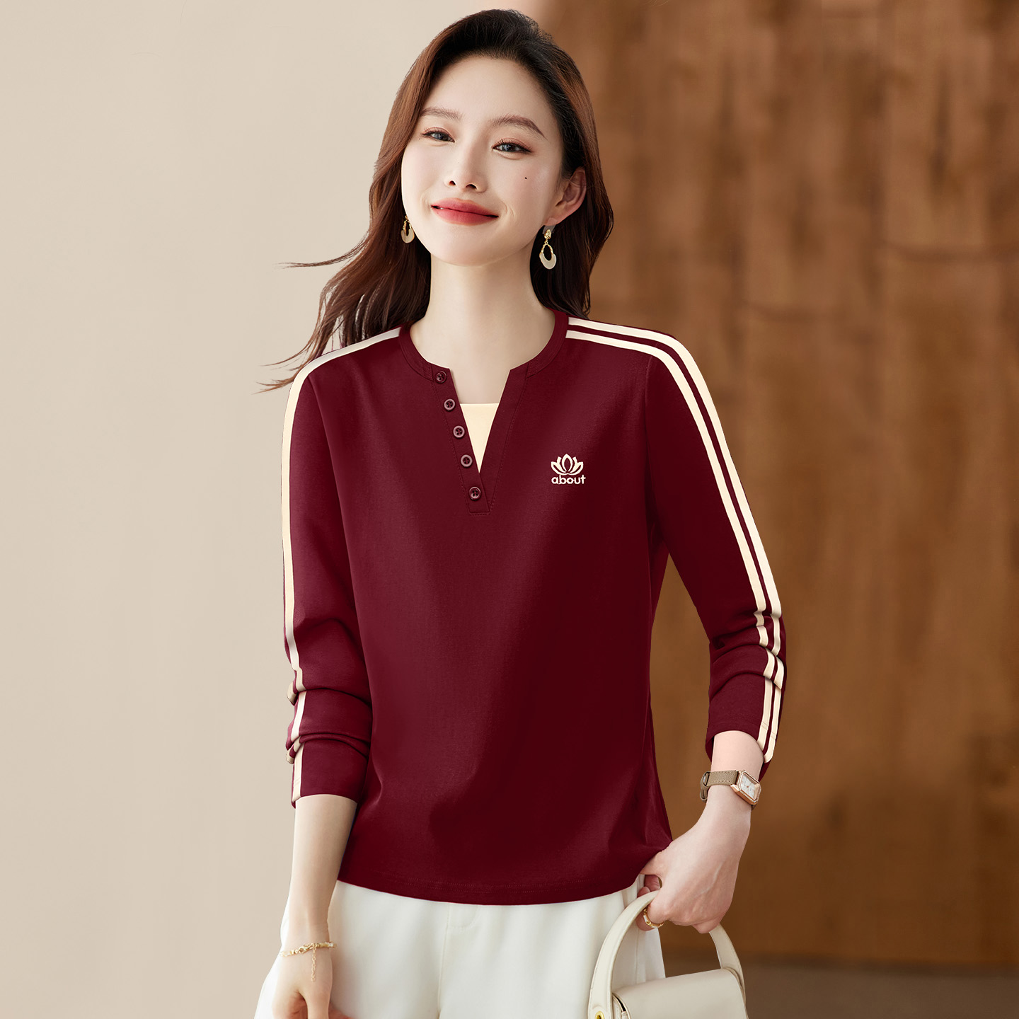 红色长袖t恤女士打底衫秋季上衣