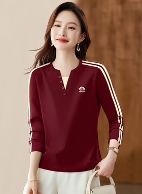 红色长袖t恤女士打底衫2026新款春秋洋气上衣遮肉显瘦内搭体恤衫