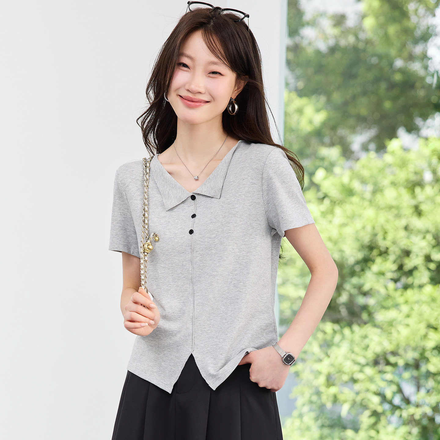 时髦减龄小翻领设计感收腰显瘦Tt恤2026夏季新款短袖洋气女装上衣