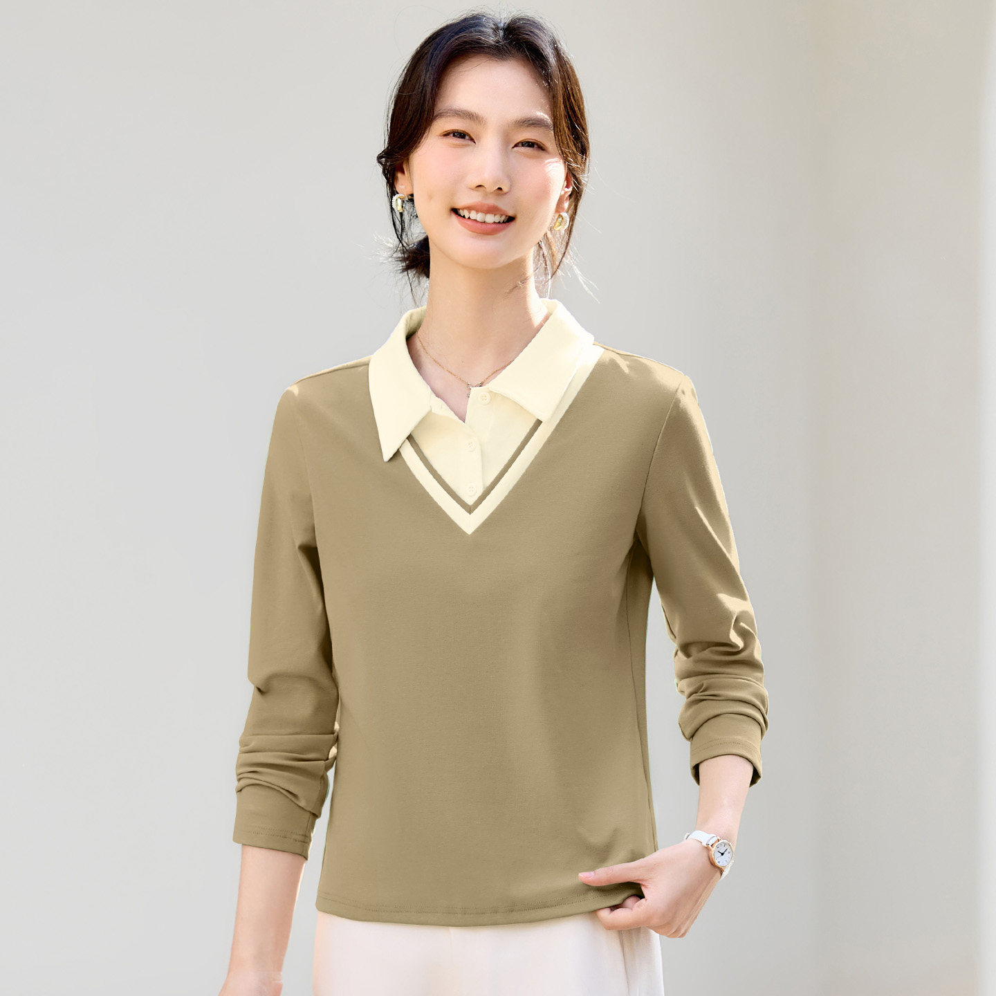 撞色翻领假两件上衣长袖t恤2026春季新款女装时尚洋气内搭打底衫