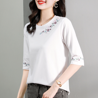 纯棉七分袖t恤女白色中袖上衣夏
