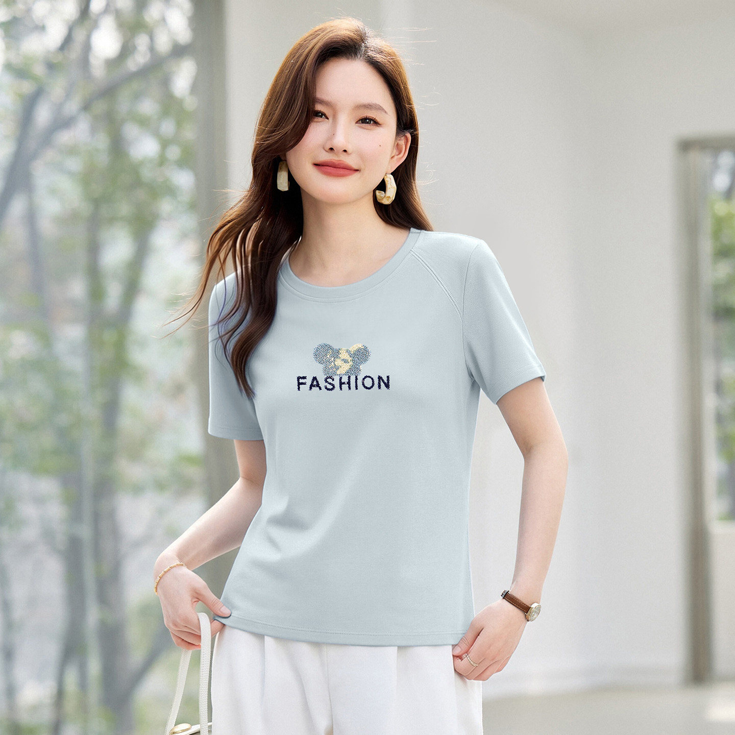 正肩圆领短袖t恤女时尚百搭体恤