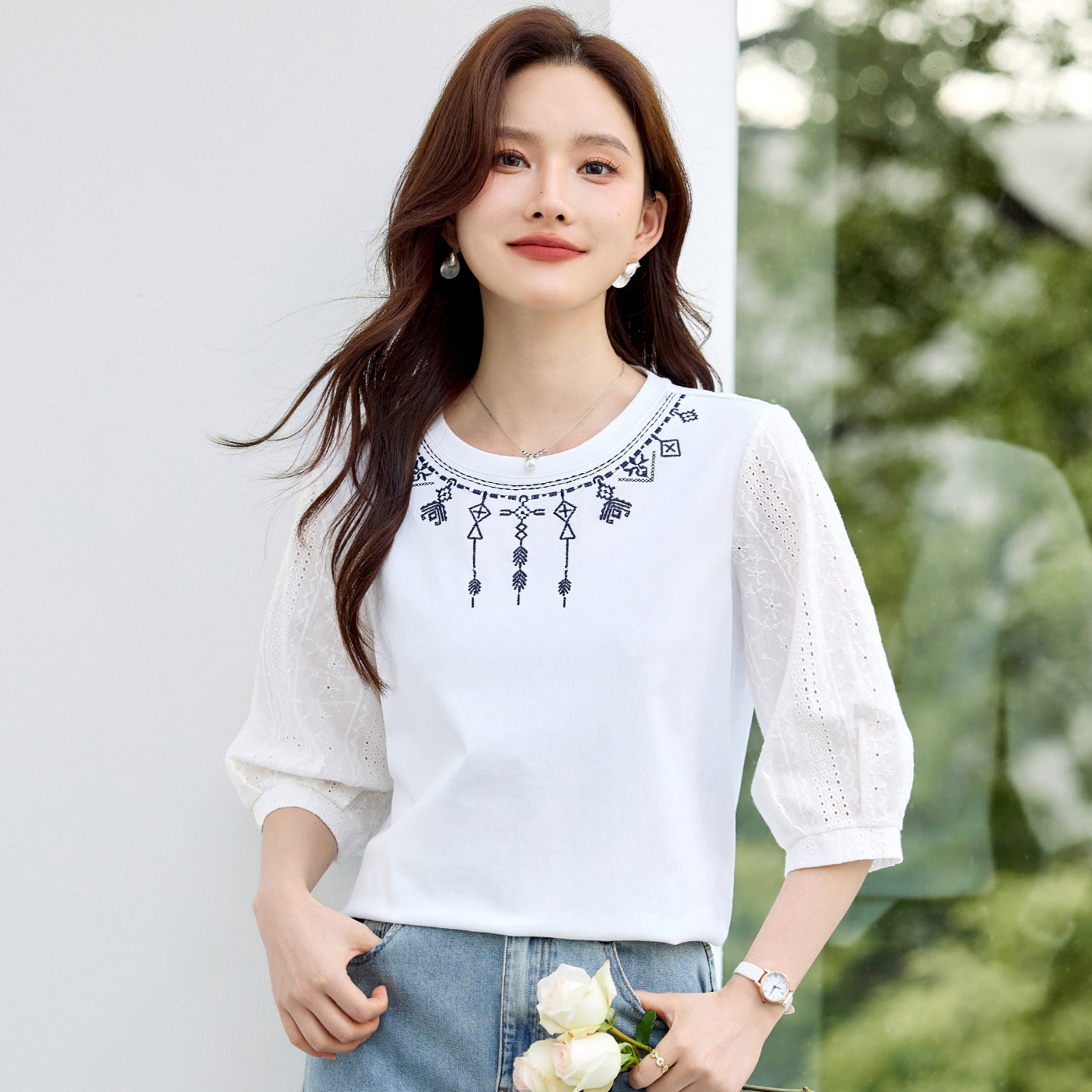 七分袖t恤女士中袖上衣2026新款春季爆款高端洋气女装体恤打底衫