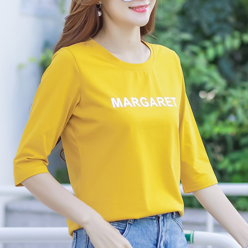 纯棉t恤女2020年夏季宽松韩版印花中袖上衣七分袖洋气百搭打底衫