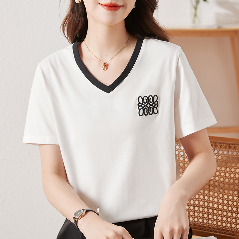 v领白色短袖t恤女2024夏季薄款品牌半袖修身正肩高端女士上衣体恤