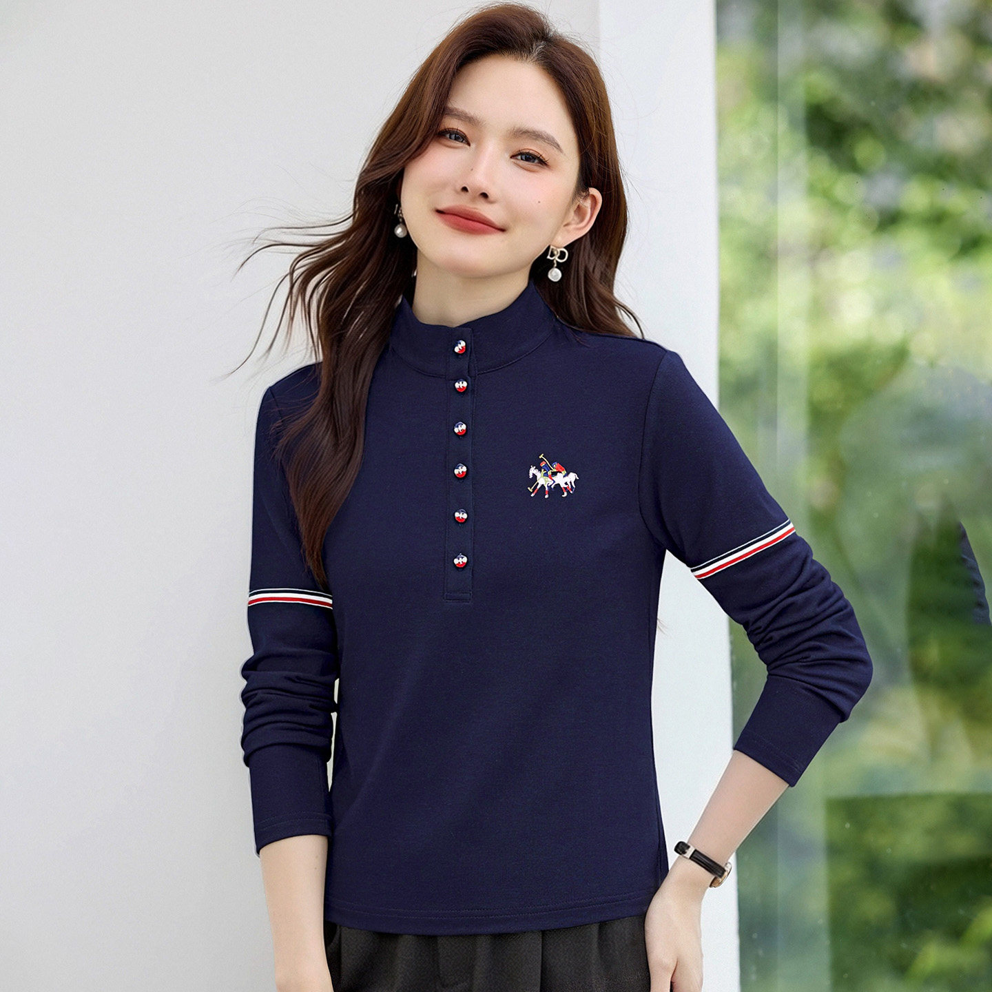 立领长袖T恤女士2026新款春秋高级感条纹内搭修身薄款正肩打底衫