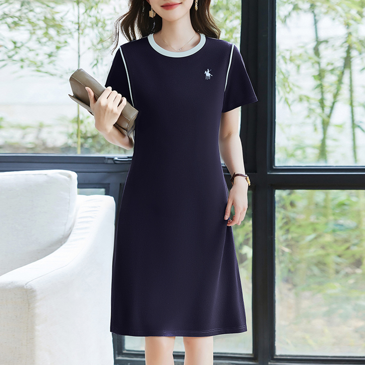 休闲短袖连衣裙气质收腰蓝色裙子