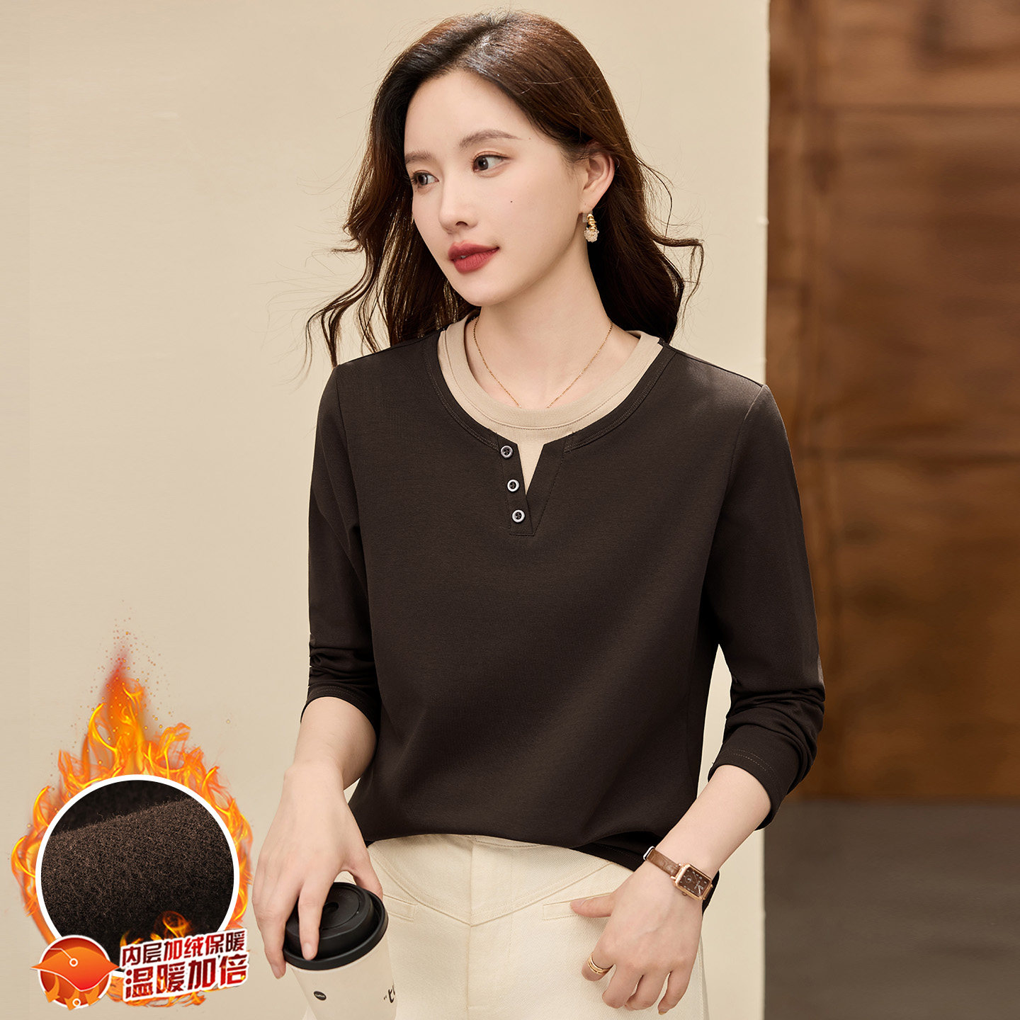假两件加绒长袖t恤女2025秋冬季新款洋气女装修身内搭打底衫上衣
