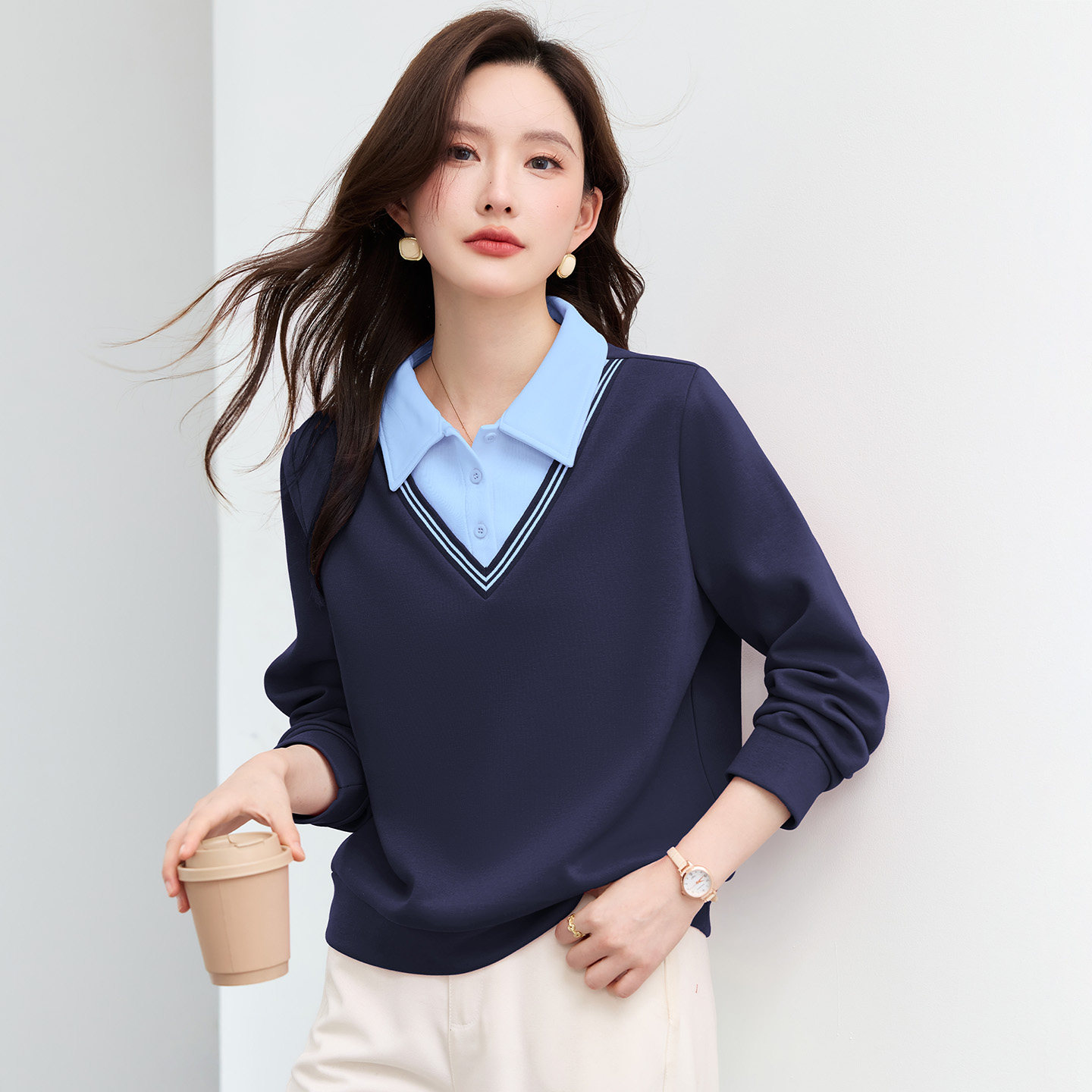 翻领卫衣女春装2026新款春季爆款洋气正肩女装假两件小个子薄上衣