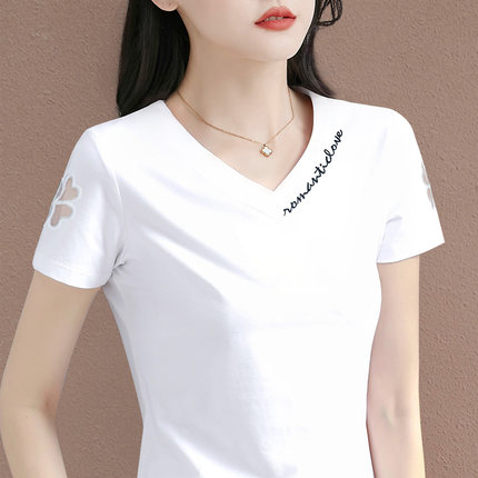 v领白色短袖t恤女2026年新款夏季爆款女装上衣高端洋气半袖体恤衫