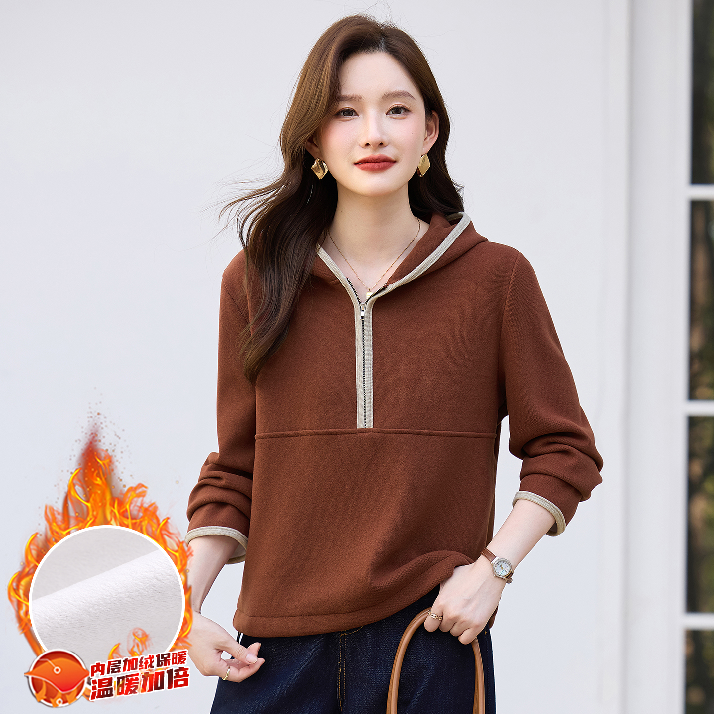 秋冬加绒加厚新款卫衣女上衣外套