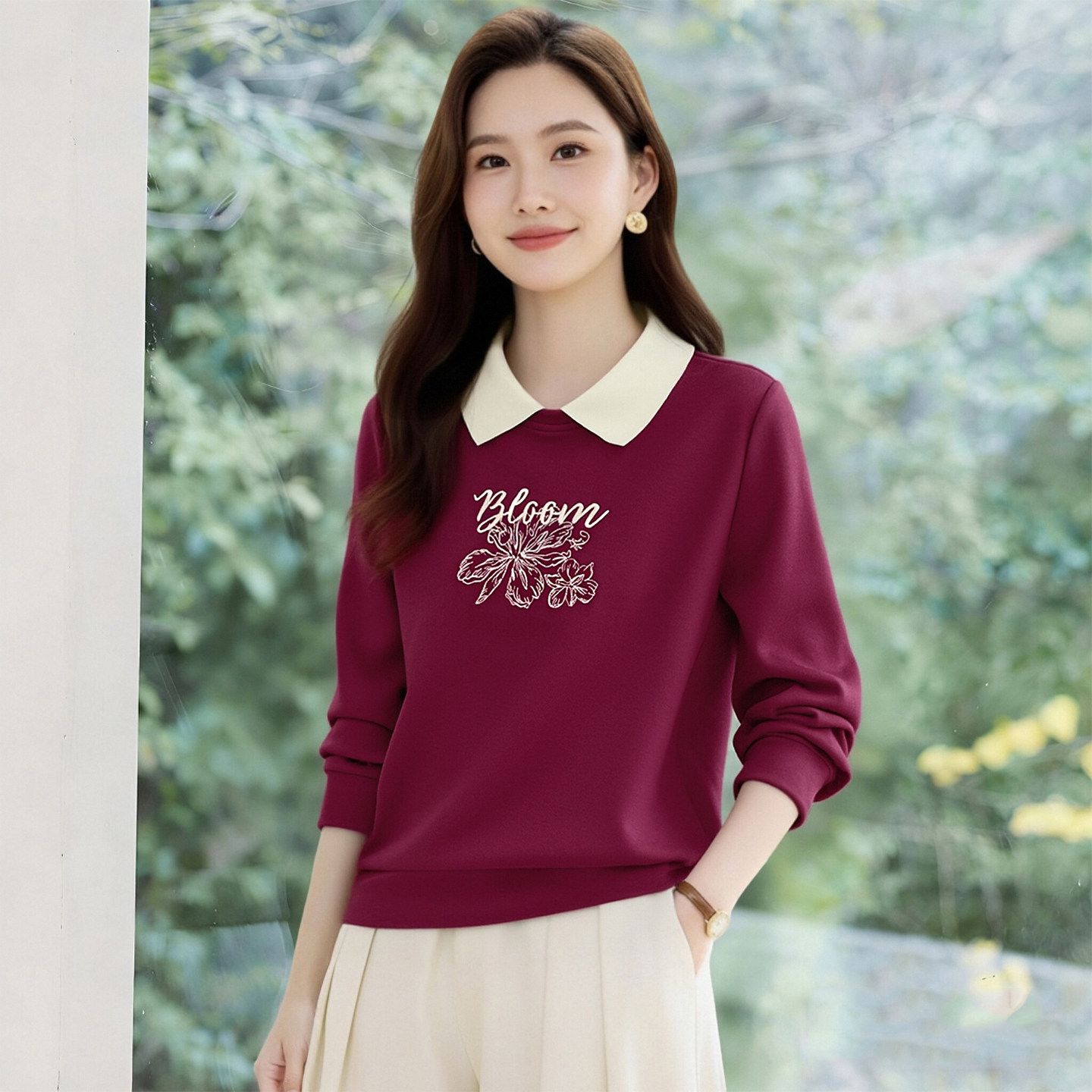 春秋爆款翻领卫衣女2026年新款时尚洋气女装正肩显瘦无帽套头上衣