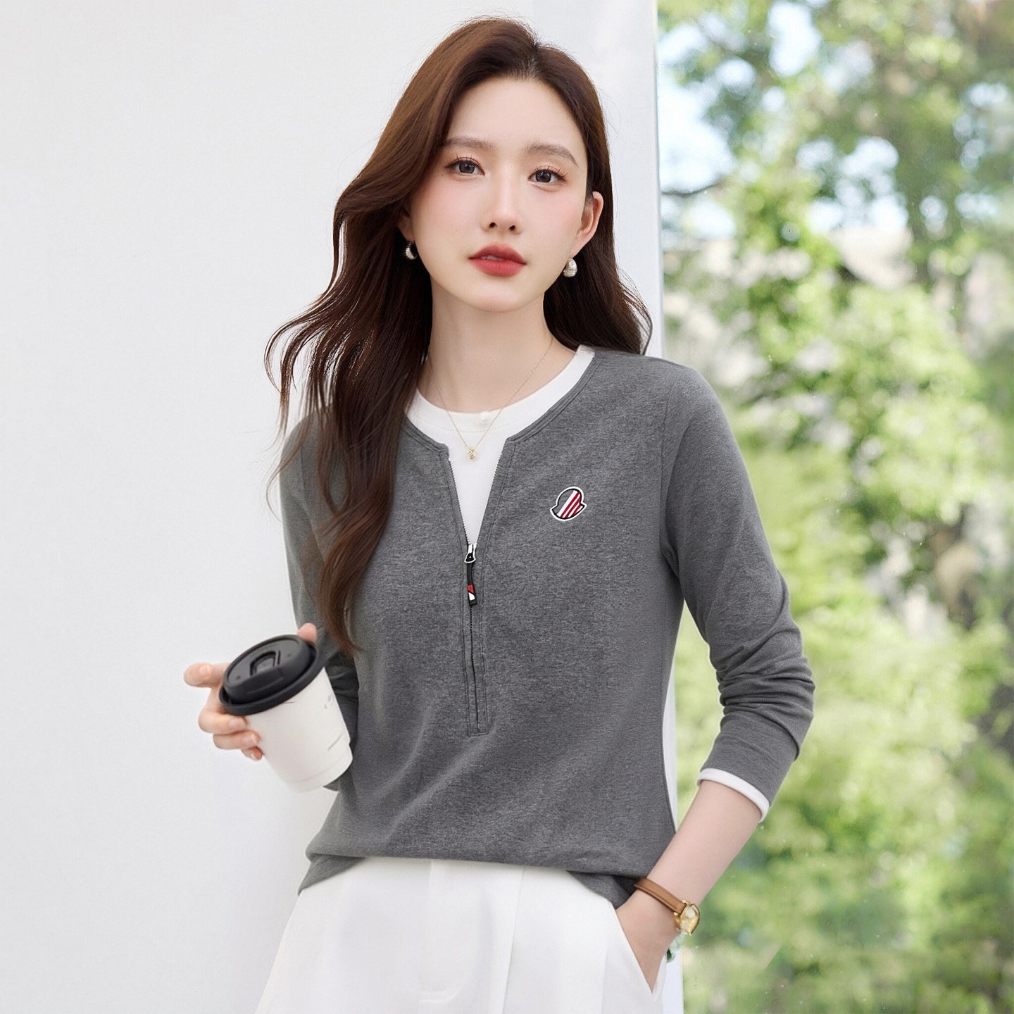 正肩长袖t恤女2026新款春秋内搭可外穿薄打底衫洋气高端女装上衣