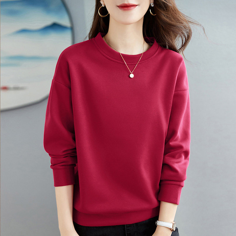 圆领卫衣女春秋薄款2024新款春季高端女装酒红色上衣洋气品牌外套