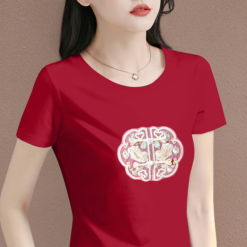 红色国风短袖t恤女2024新款夏季爆款女装新中式盘扣妈妈上衣体恤