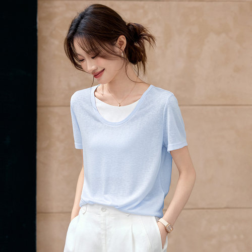 莱赛尔天丝假两件短袖女宽松