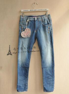 特！意大利制：Please拼接钉扣修身小脚牛仔裤女裤子 春夏