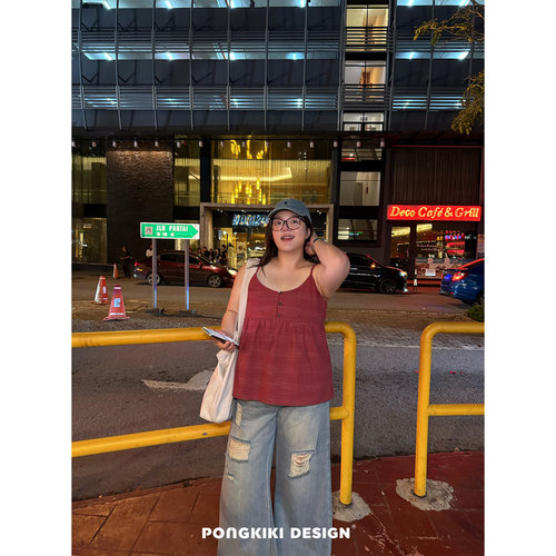 老章和小胖PONGKIKI天然棉休闲小吊带大码女胖mm外穿夏度假风上衣