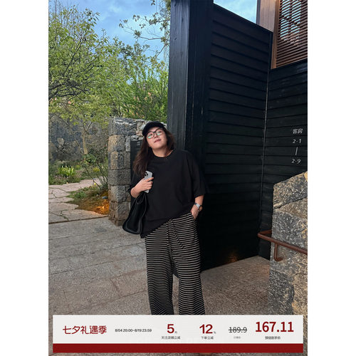 老章和小胖PONGKIKI大码女M*U系松弛感直筒条纹裤胖mm宽松休闲裤