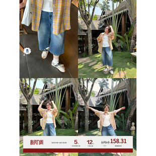 百搭显瘦直筒中裤 夏季 女大码 老章和小胖PONGKIKI水洗蓝七分牛仔裤