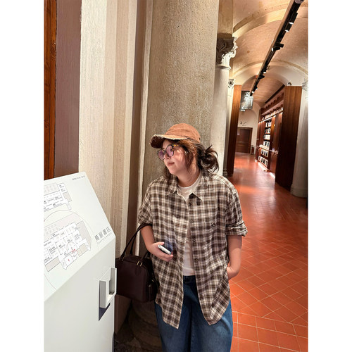 老章和小胖PONGKIKI暖冬小熊格纹衬衣女大码秋冬复古休闲衬衫上衣