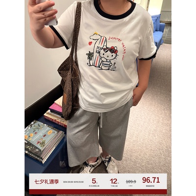 老章和小胖PONGKIKI冲浪小猫撞色T恤女印花圆领短袖女大码胖mm