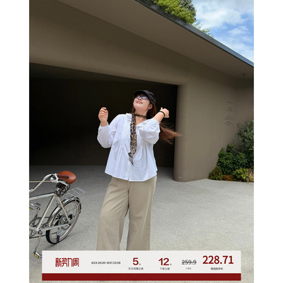 老章和小胖PONGKIKI沙丘卡其全棉直筒牛仔裤大码胖mm宽松显瘦长裤