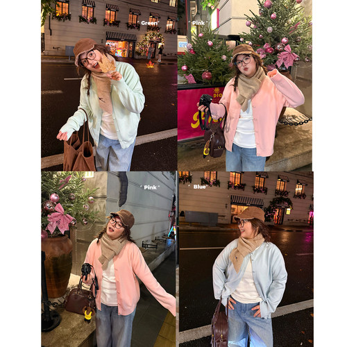 老章和小胖PONGKIKI色彩高材生包扣毛衣开衫女大码秋冬百搭针织衫