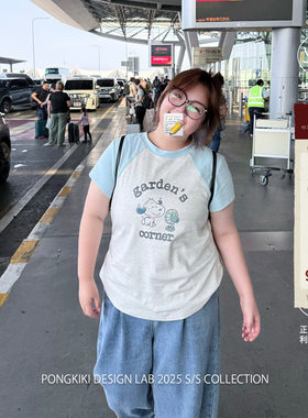 老章和小胖PONGKIKI史努比印花T恤女大码冰感宽松撞色体恤上衣夏