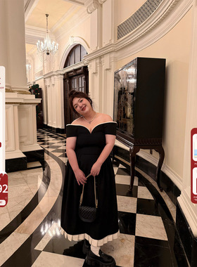 老章和小胖PONGKIKI赫本晚宴礼服裙大码复古一字肩高级感连衣裙冬