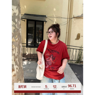 老章和小胖PONGKIKI勃艮第红复古人鱼T新款 女纯棉 宽松显瘦短袖
