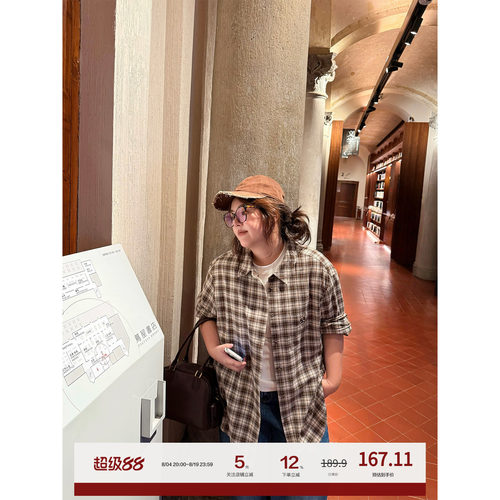 老章和小胖PONGKIKI暖冬小熊格纹衬衣女大码秋冬复古休闲衬衫上衣