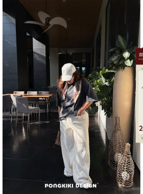 老章和小胖PONGKIKI大码女装柔棉直筒米白色牛仔裤磨边浅色微喇裤