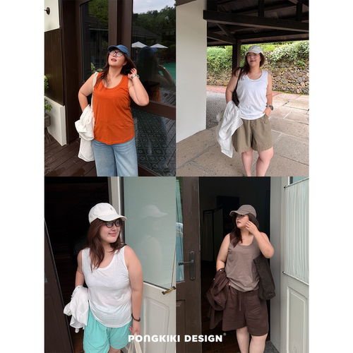 老章和小胖PONGKIK竹节棉大U领慵懒背心!大码女宽松内搭吊带上衣