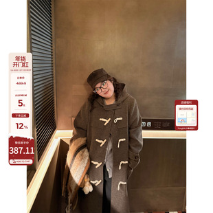 老章和小胖PONGKIKI学院风牛角扣连帽呢大衣大码秋冬羊毛呢长外套