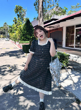 老章和小胖PONGKIKI美式甜心复古格纹裙大码连衣裙夏胖mm显瘦裙子