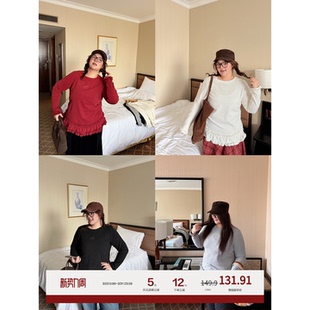 老章和小胖PONGKIKI小萌马花边双面暖绒T恤女大码 上衣冬 百搭修身