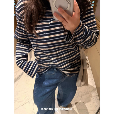 老章和小胖PONGKIKI宽松条纹大T恤女大码百搭宽松长袖上衣春