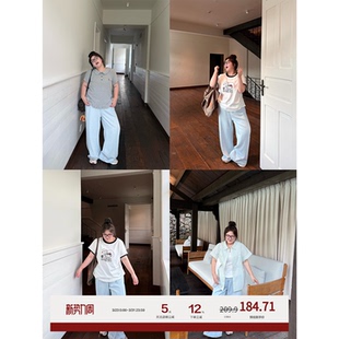 老章和小胖PONGKIKI莱赛尔天丝冰牛仔裤女夏薄款松紧腰宽松直筒裤